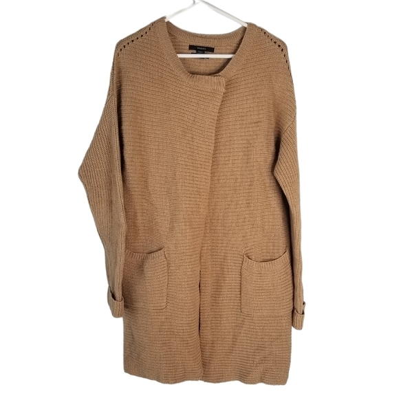 Tahari 100% Extra Fine Merino Wool Long Sleeve Duster Cardigan Camel Brown L - Picture 1 of 13